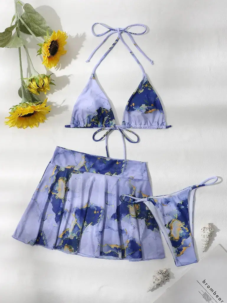 Conjunto de Biquíni Com Saia Embutida Cintura Alta, Biquíni Cortininha Azul