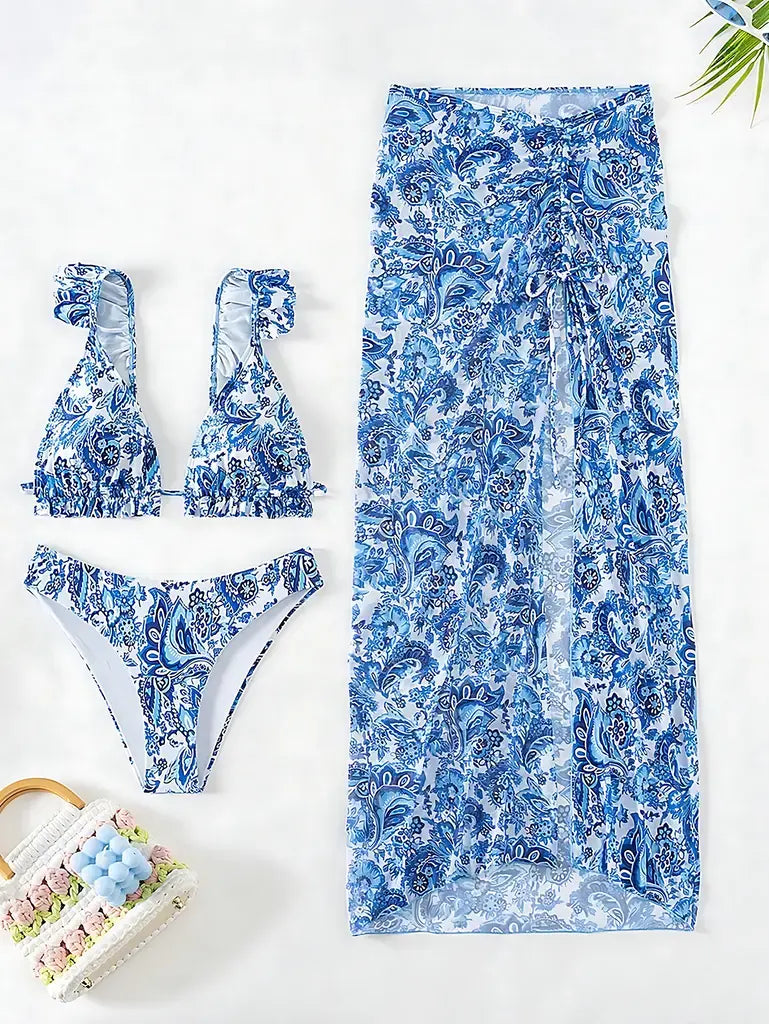 Conjunto de Biquíni Com Saia Longa, Estampa Floral