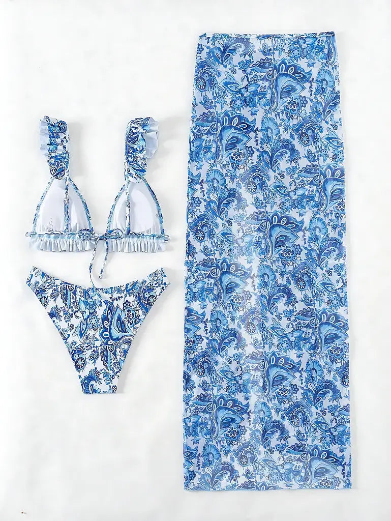 Conjunto de Biquíni Meia Taça Cintura Alta Com Saia Saída de Praia Longa Azul Floral