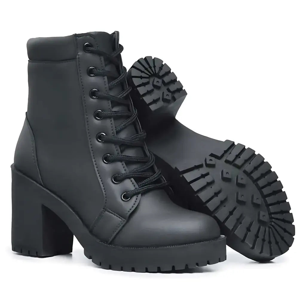 Salto Tratorado Bota Coturno Feminina Preta De Couro Bota Coturno