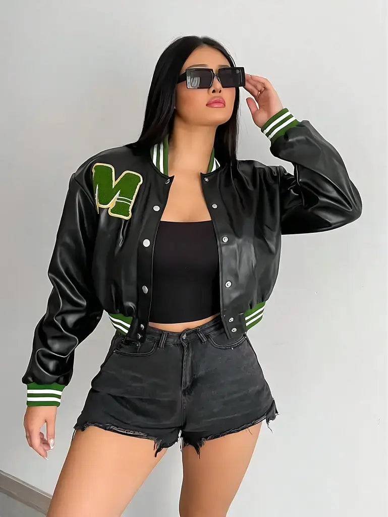 Jaqueta Bomber Varsity Feminina de Couro Preta College Scavanni