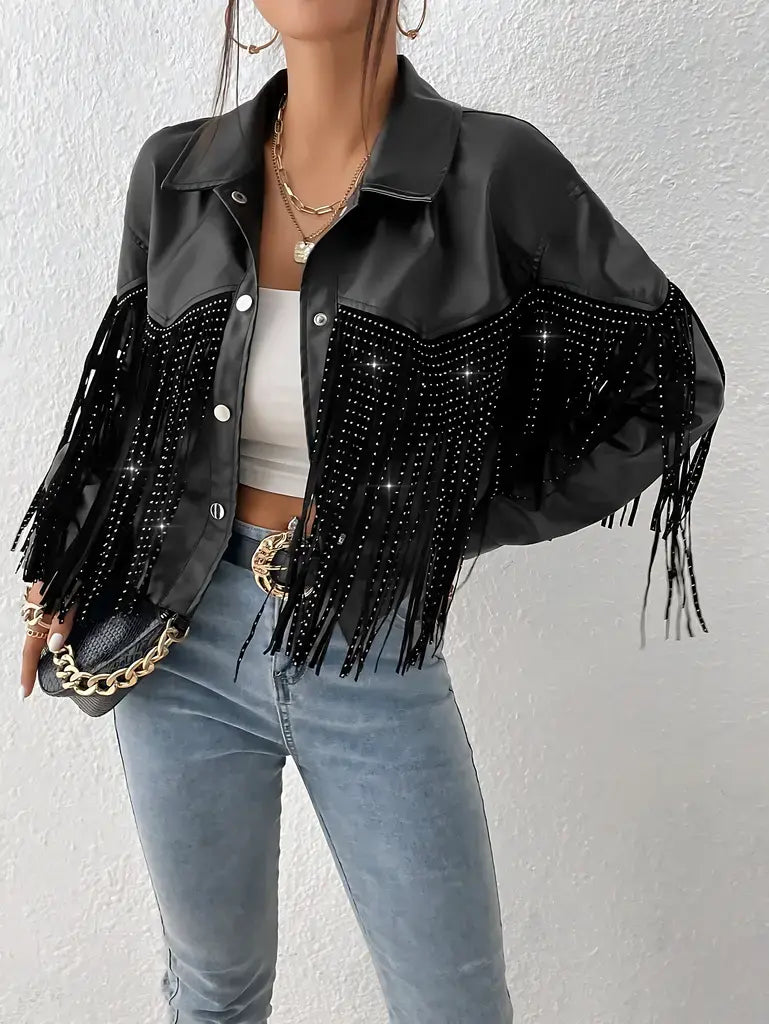Jaqueta Com Franjas Feminina Jaqueta Jeans Com Franjas De Brilho - Main Image