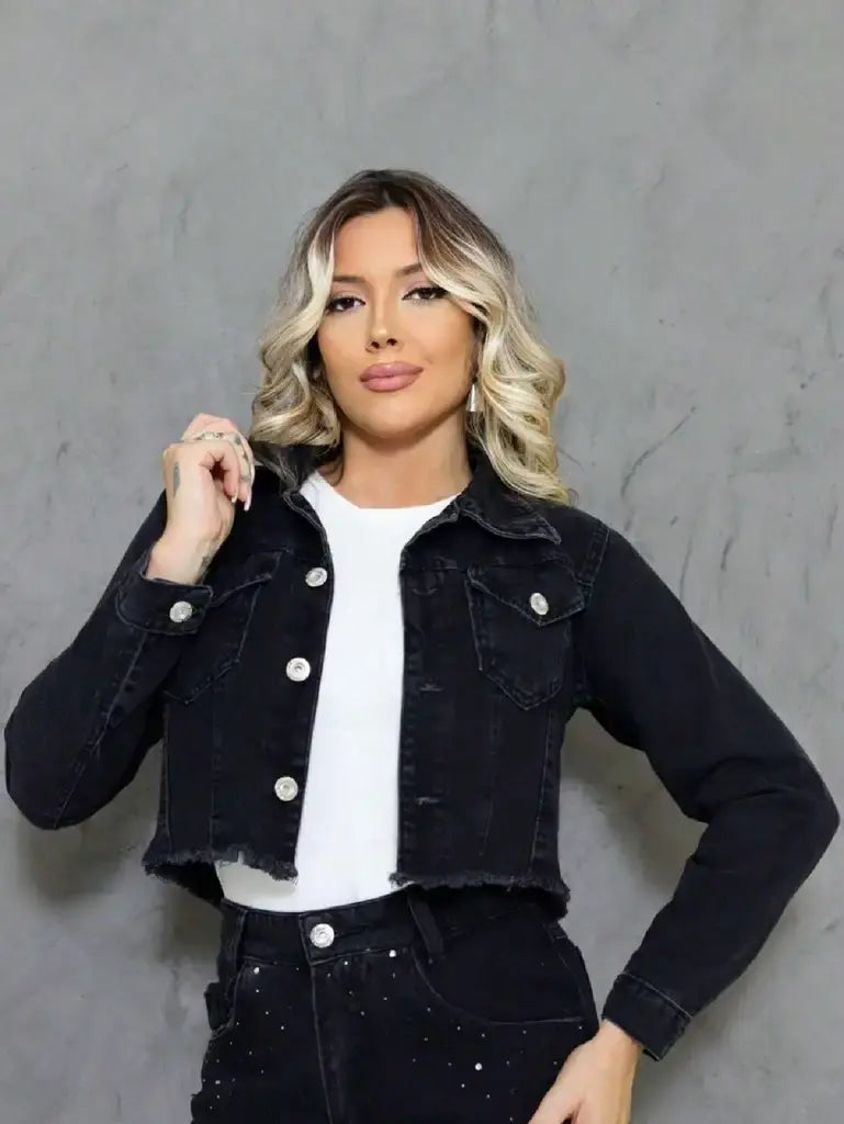 Jaqueta Jeans Cropped Feminina Preta Curta Laís 10% OFF
