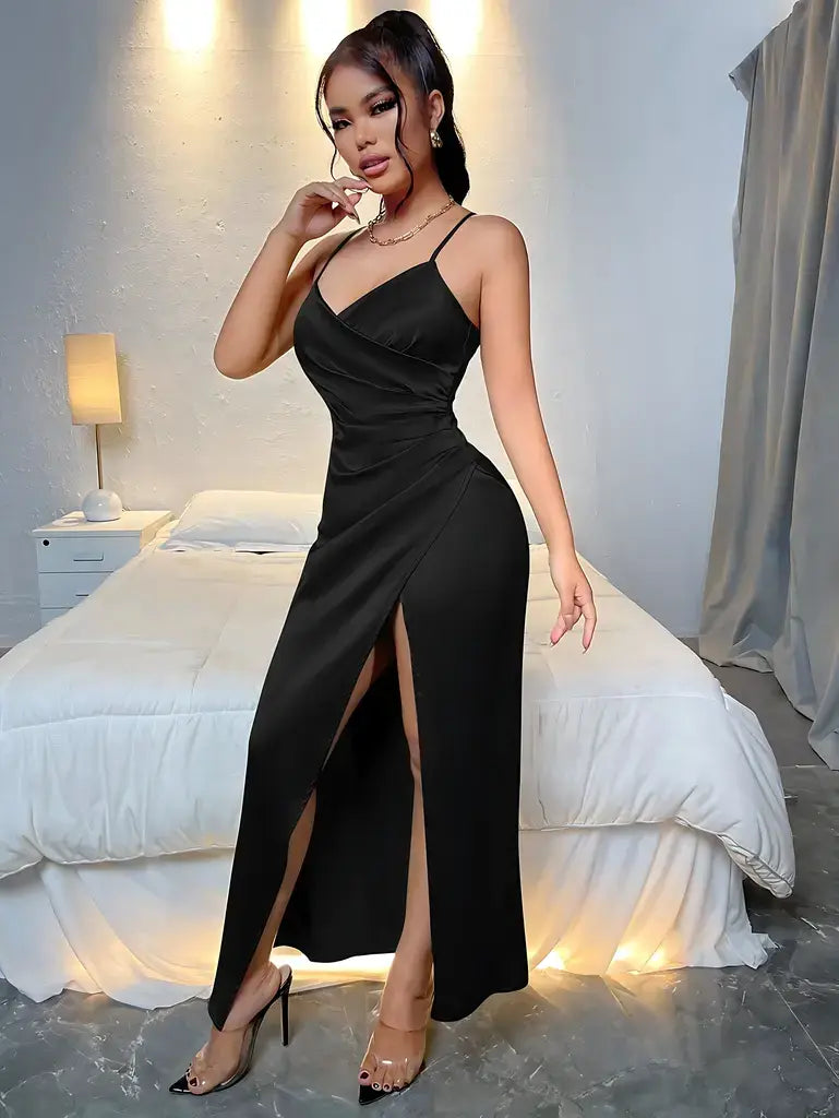 Vestido Preto Longo Ousado Vestido Longo Fenda Lateral Com Babados