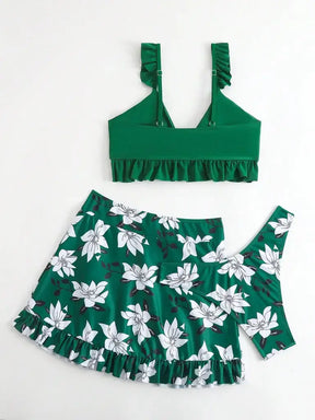Conjunto de Biquíni Cintura Alta Asa Delta Com Top Meia Taça Babado e Saia Verde Floral