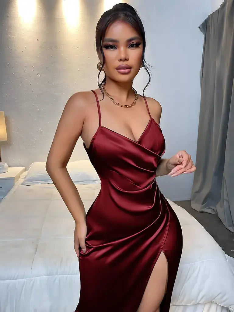 Vestido de Cetim Longo Com Alças Finas