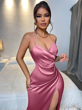 Vestido Longo Com Decote Transpassado em V Elegante Rosa