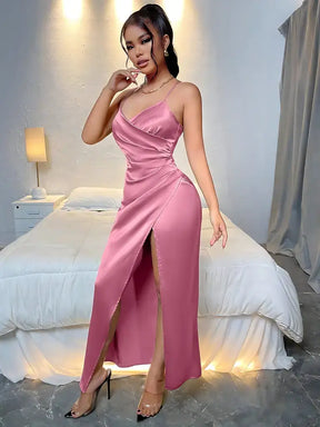 Vestido Longo de Festa Elegante Em Cetim Rosa