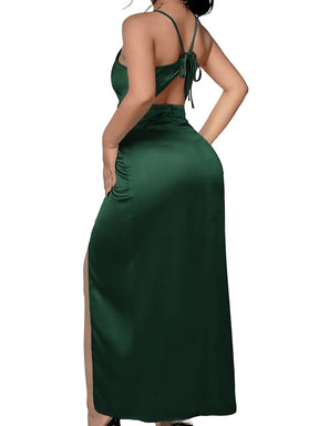 Vestido Longo de Festa Verde Esmeralda Com Alças Finas e Fenda
