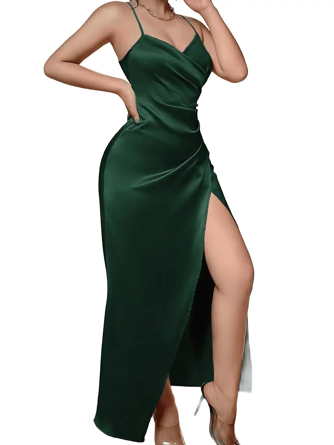 Vestido Longo de Festa Verde Esmeralda Com Alças Finas e Fenda