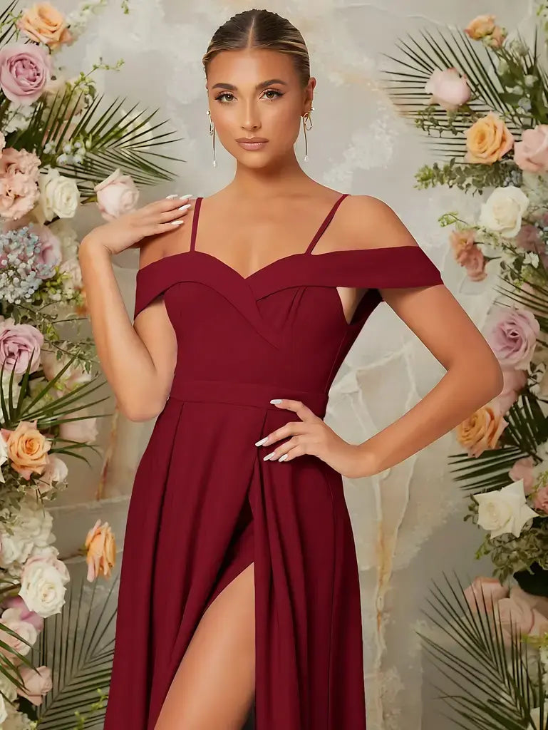 Vestido de Festa Longo Decote Coração Ombro a Ombro Vinho
